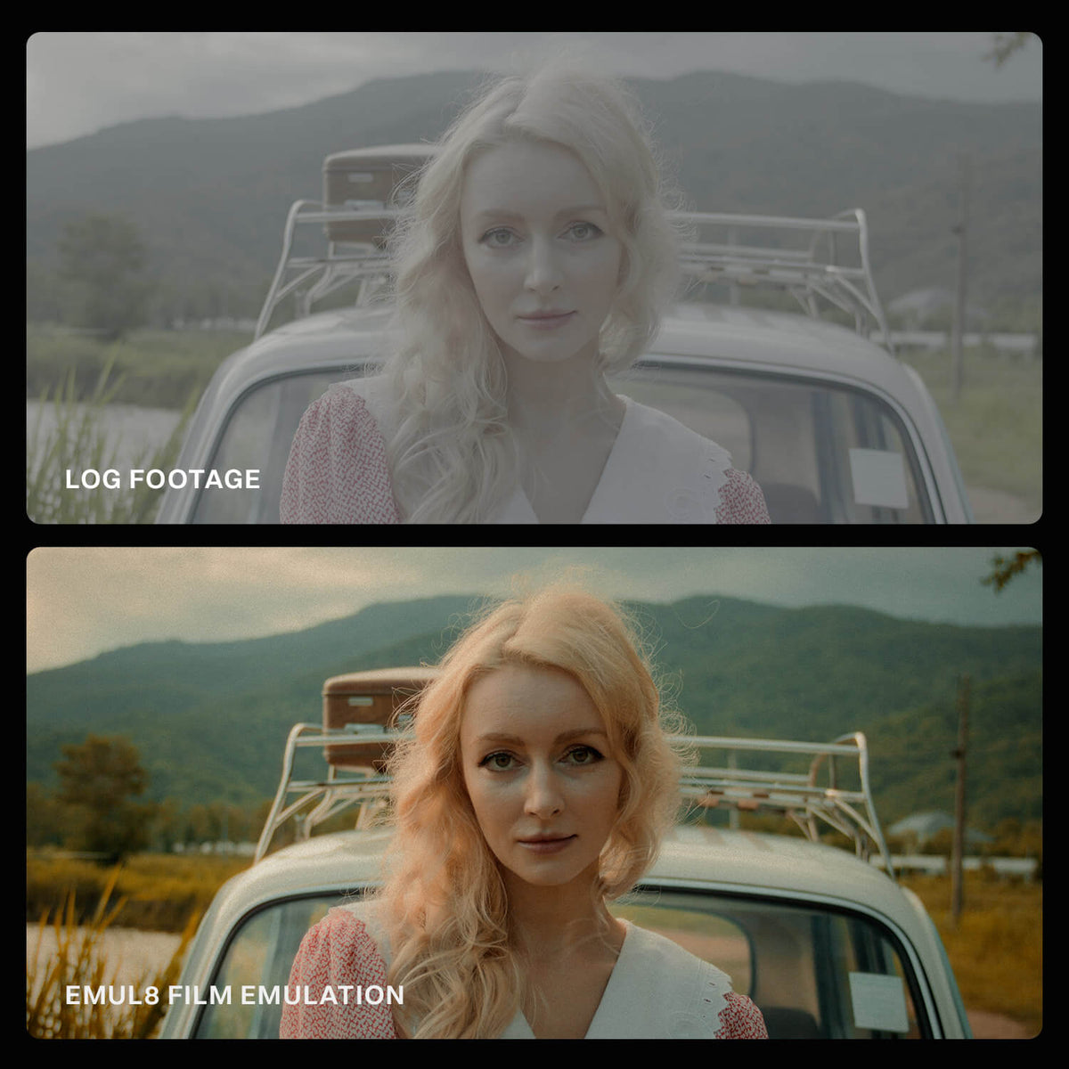 EMUL8 Film Emulation para Final Cut Pro, antes e depois: footage Log de uma mulher num carro antigo com cores quentes de filme e grão