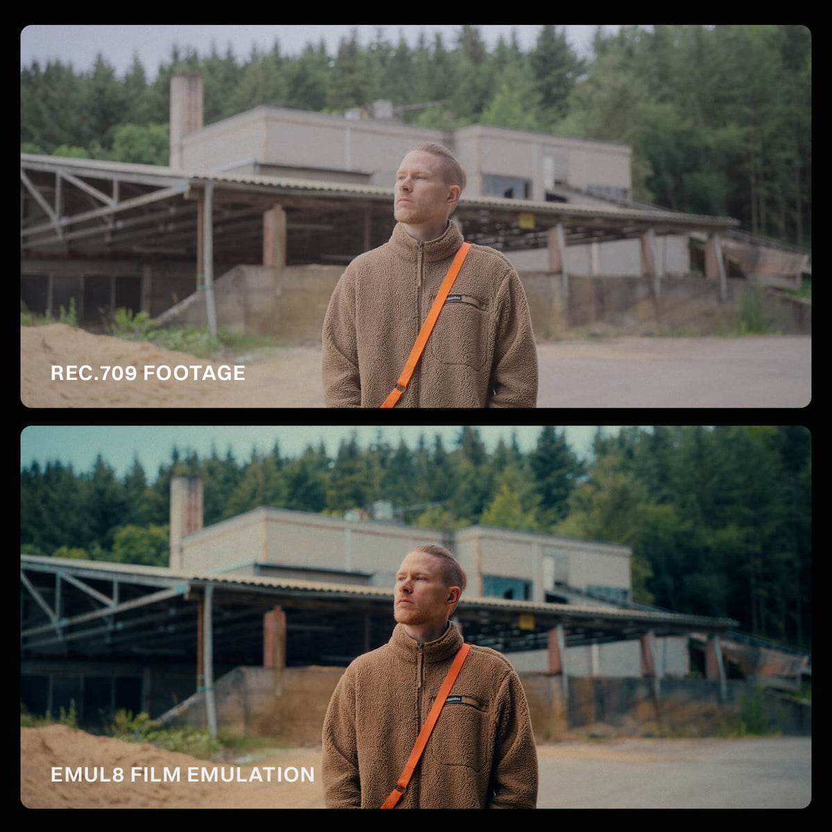 EMUL8 Film Emulation para Final Cut Pro, antes e depois: footage Rec.709 de um homem diante de uma fábrica antiga com look de filme moody