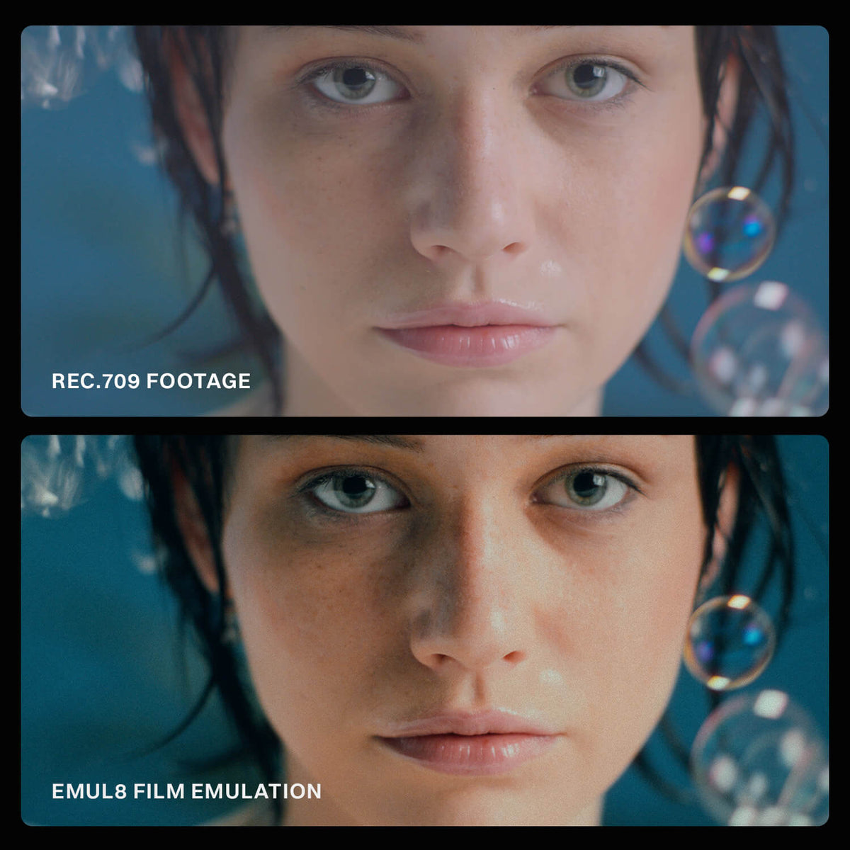 EMUL8 Film Emulation para Final Cut Pro, antes e depois: close-up Rec.709 com grão de filme e tons de pele cinematográficos