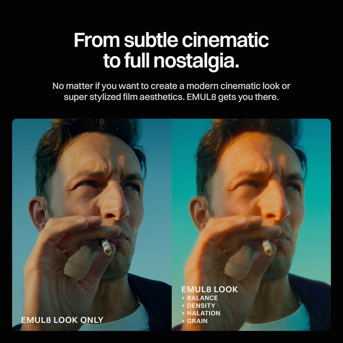 EMUL8 Film Emulation for DaVinci Resolve before and after: EMUL8 look only vs. full look with balance, density, halation and grain