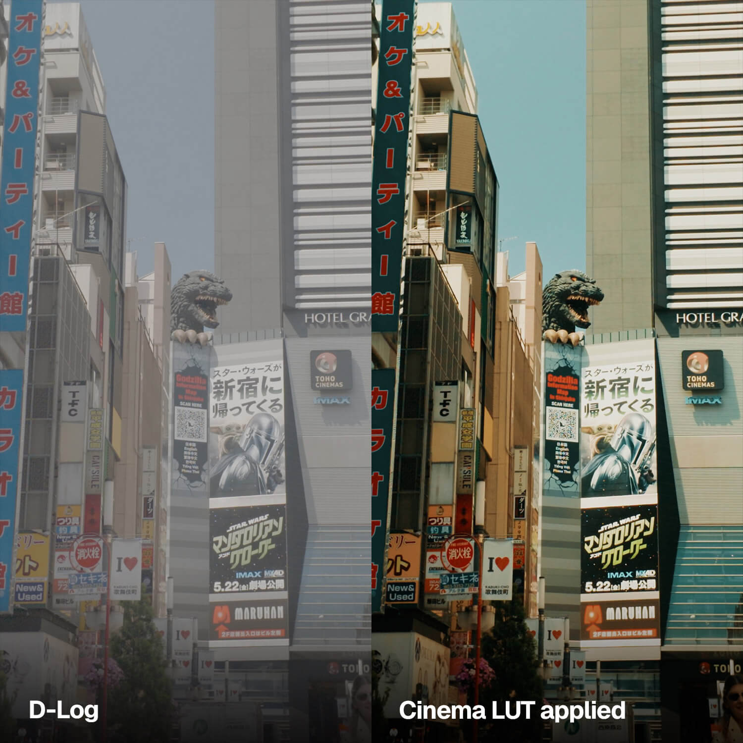 DJI Osmo Pocket 4 LUTs before and after on a Shinjuku Tokyo street, flat D-Log graded into a warm cinematic look