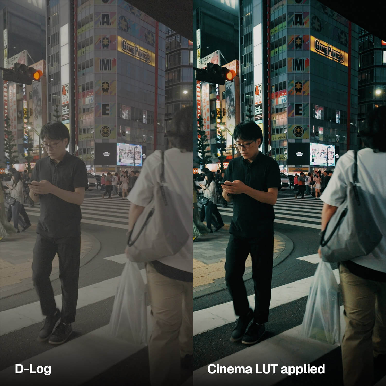 DJI Osmo Pocket 4 LUTs before and after on a Tokyo night street, D-Log footage graded with a CINEM8 Cinema LUT