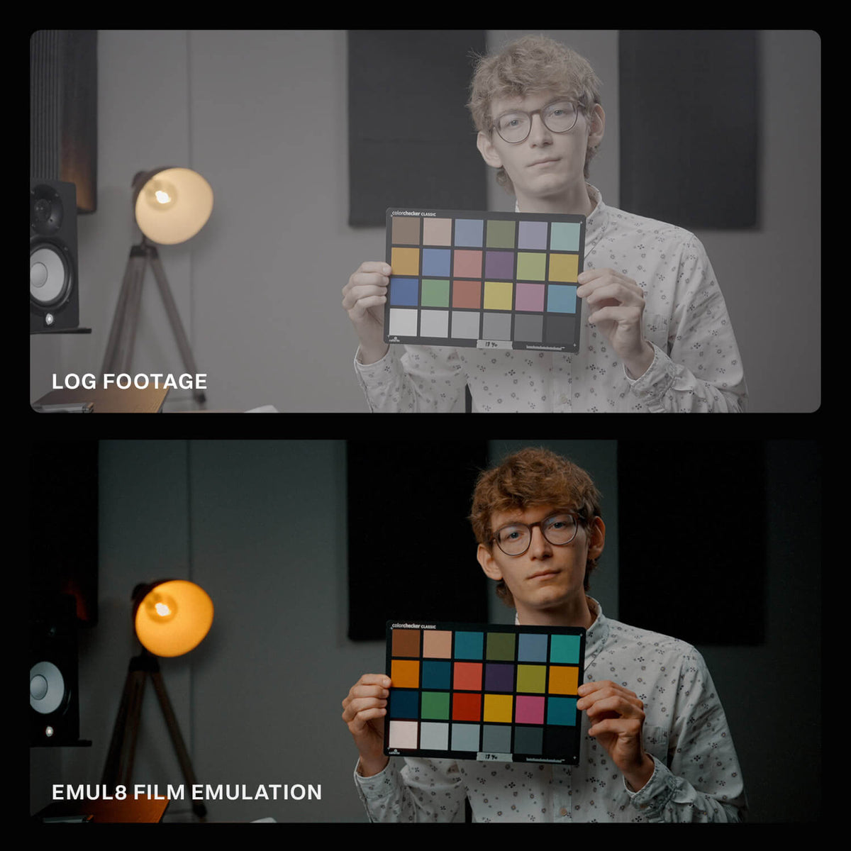 EMUL8 Film Emulation in DaVinci Resolve before and after: flat Log footage with a ColorChecker vs. rich, filmic colors