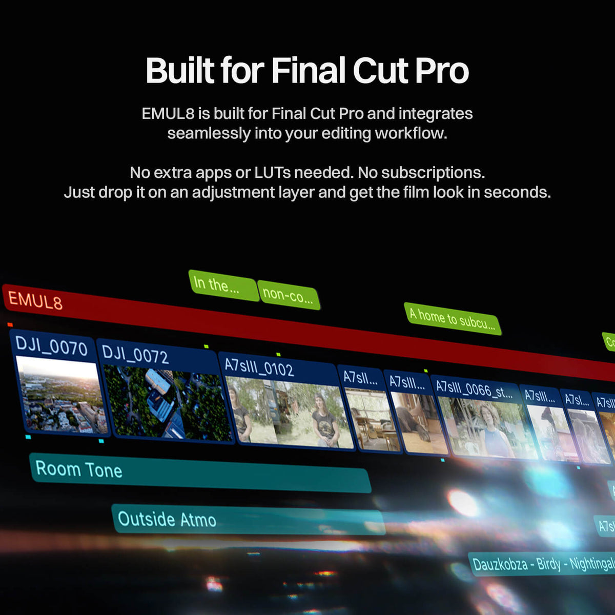 EMUL8 Film Emulation feito para Final Cut Pro: joga o plugin numa camada de ajuste, sem LUTs, apps extras ou assinatura