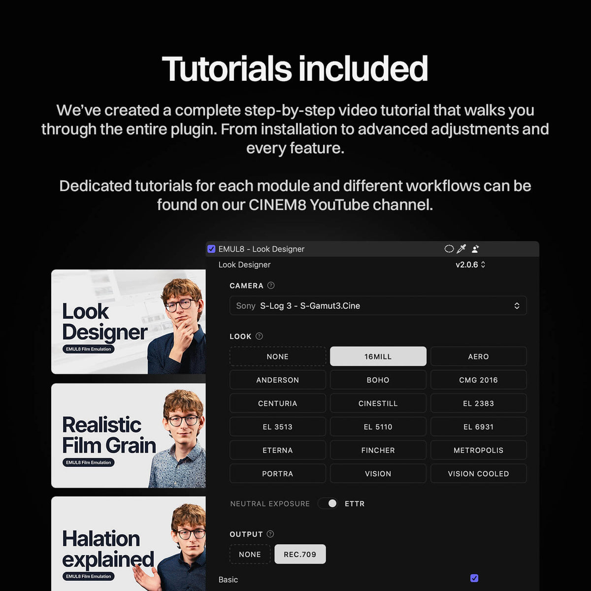 Look Designer do EMUL8 Film Emulation no Final Cut Pro com looks como Portra, Cinestill e Vision, tutoriais em vídeo inclusos