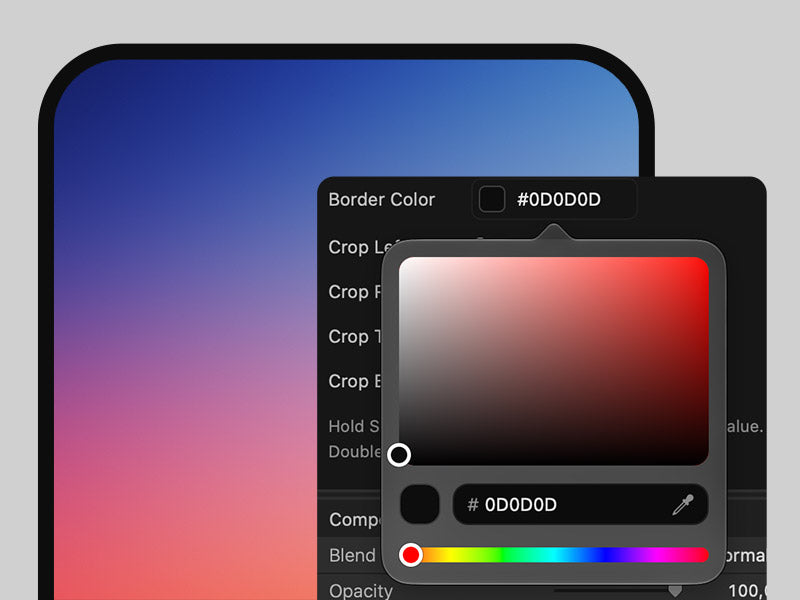 Better Round CornersのBorder Colorピッカー。16進コードとスポイトで色を選び、角丸のクリップに枠線を追加