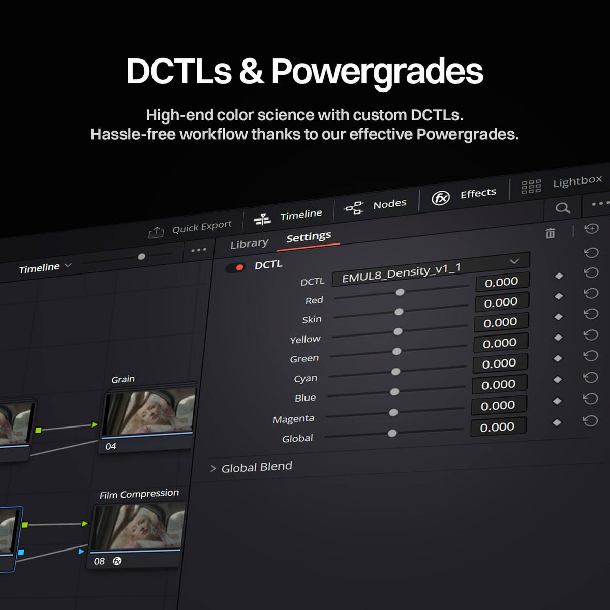 EMUL8 Film Emulation DCTLs and Powergrades for DaVinci Resolve, color page with the EMUL8 Density DCTL