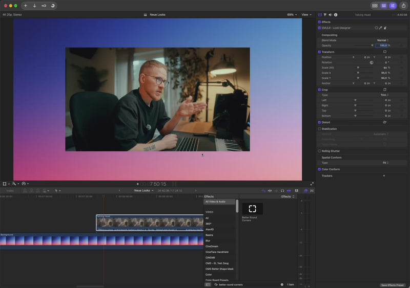 Better Round Corners in Final Cut Pro: finding the effect in the Effects browser and rounding the corners of a talking head clip