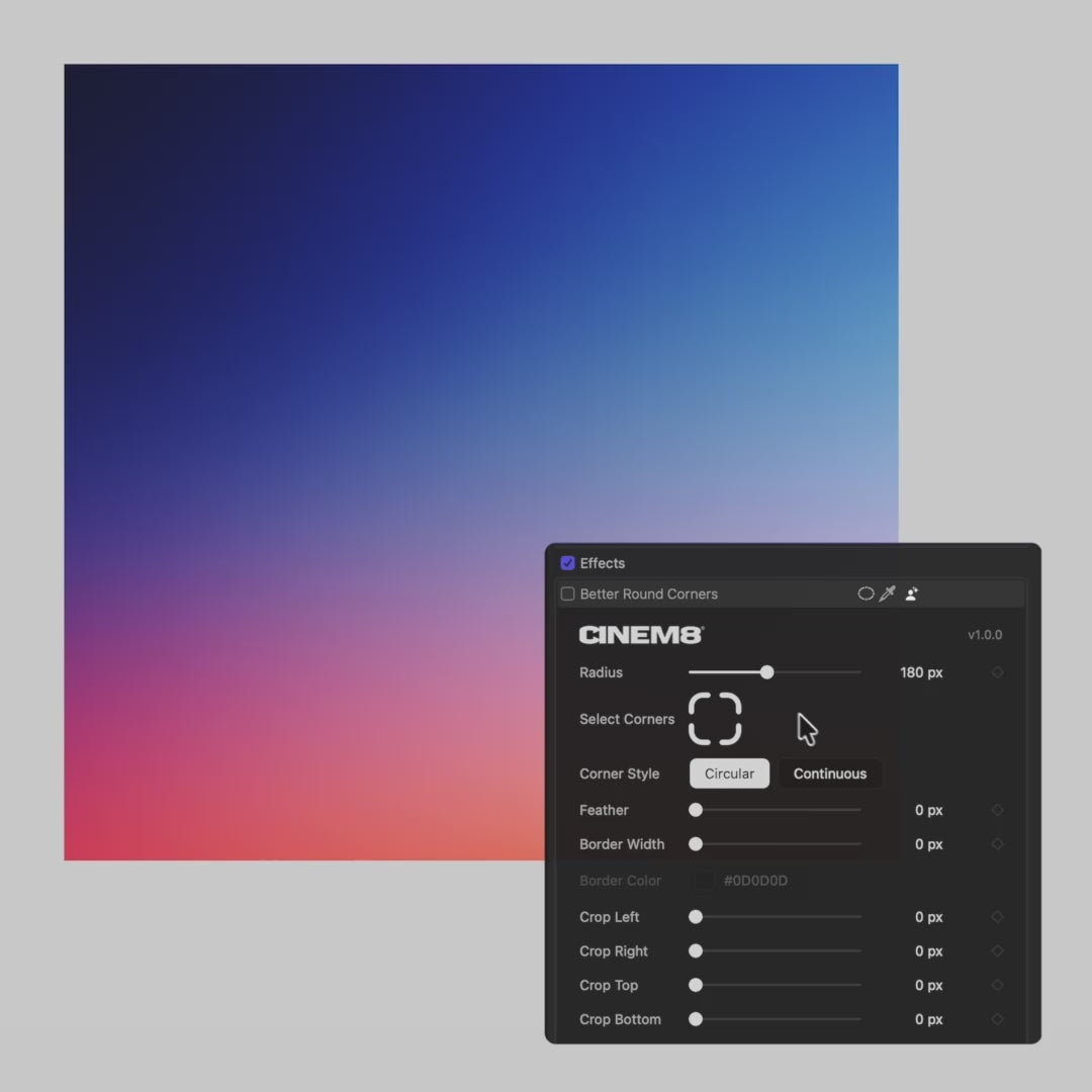 Product demo of Better Round Corners, the free rounded corners plugin for Final Cut Pro, with the inspector controls in action